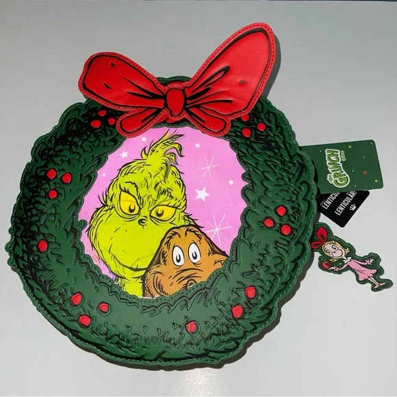 Dr. Seuss' How the Grinch Stole Christmas Wreath Crossbody Bag Red Green - Picture 8 of 12
